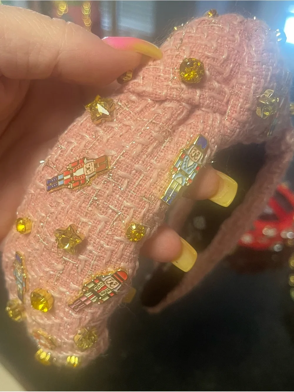 Brianna Cannon Christmas Nutcracker Pink Tweed Embellished Headband new